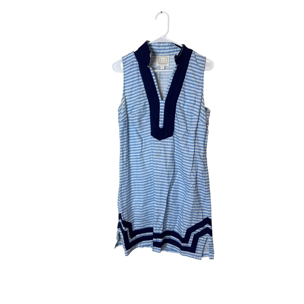 Sail To Sable Dress Womens Medium Blue Stripe Collared Shift Pockets Sleeveless